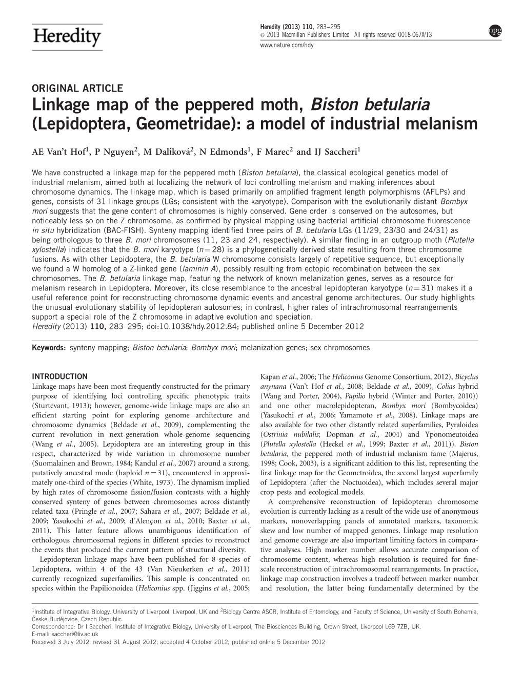 Linkage Map of the Peppered Moth, Biston Betularia (Lepidoptera, Geometridae): a Model of Industrial Melanism