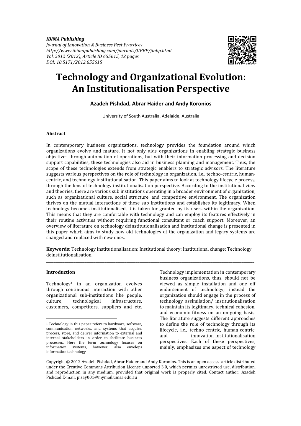 Technology and Organizational Evolution: an Institutionalisation Perspective