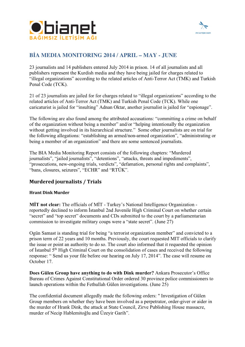 Bia Media Monitoring 2014 / April – May - June