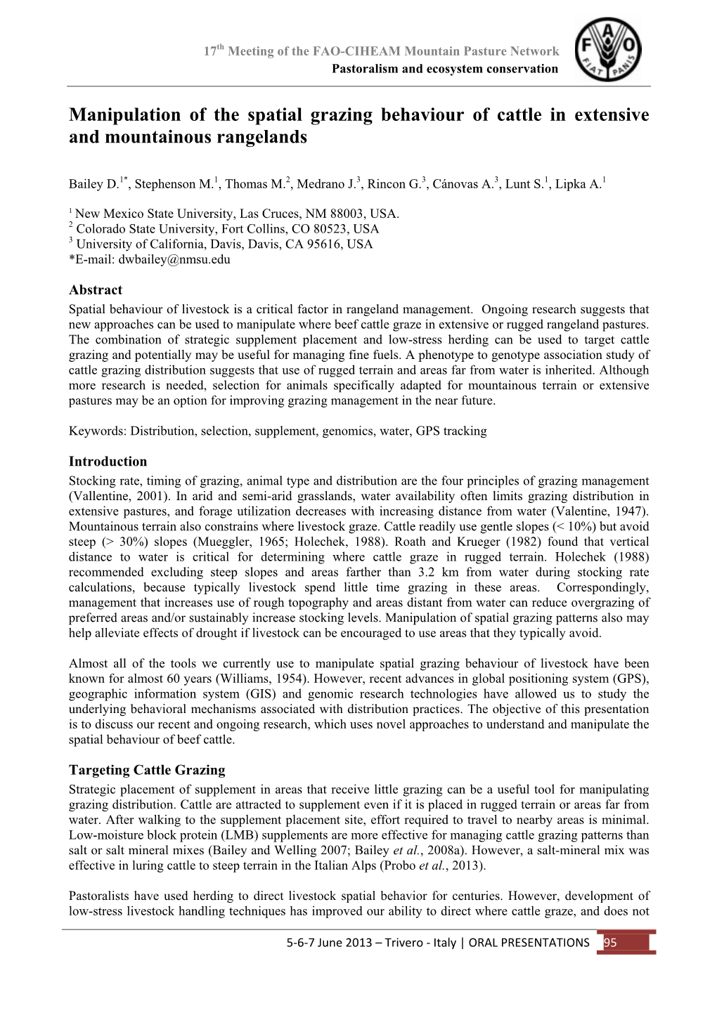 Manipulation of the Spatial Grazing Behaviour of Cattle in Extensive and Mountainous Rangelands