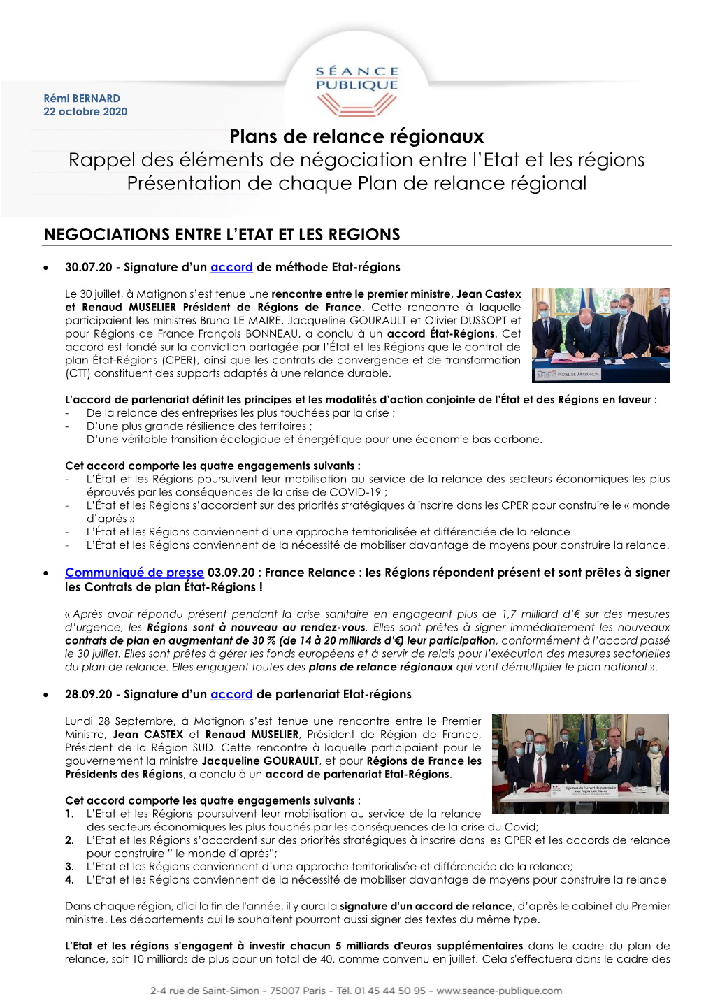 Plans De Relance Régionaux Rappel Des Éléments De Négociation Entre L’Etat Et Les Régions Présentation De Chaque Plan De Relance Régional