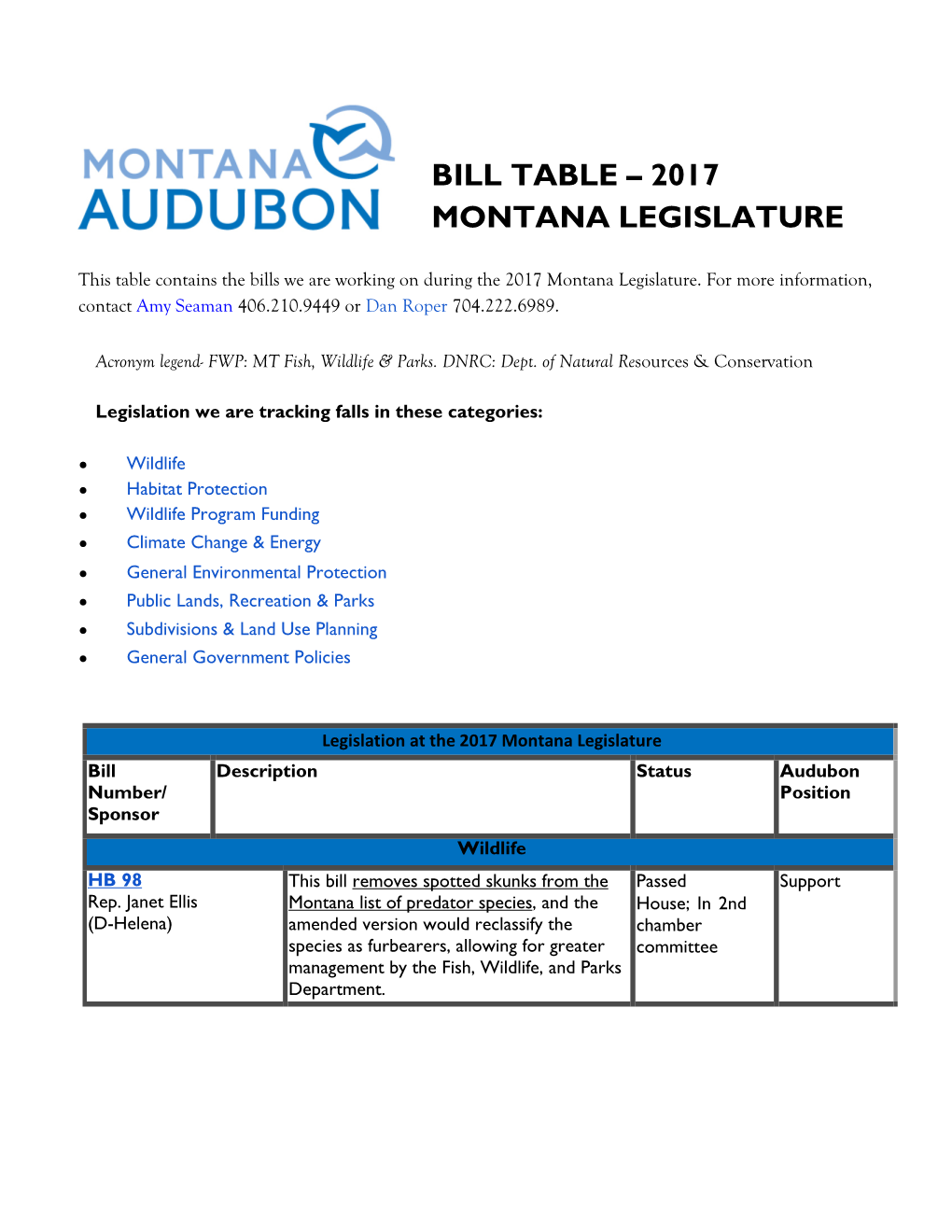 Bill Table – 2017 Montana Legislature