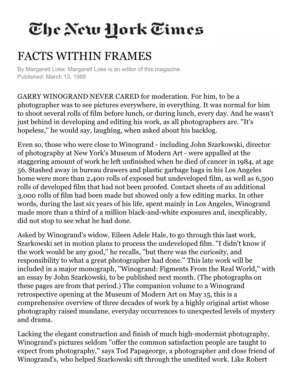 FACTS WITHIN FRAMES by Margarett Loke; Margarett Loke Is an Editor of This Magazine