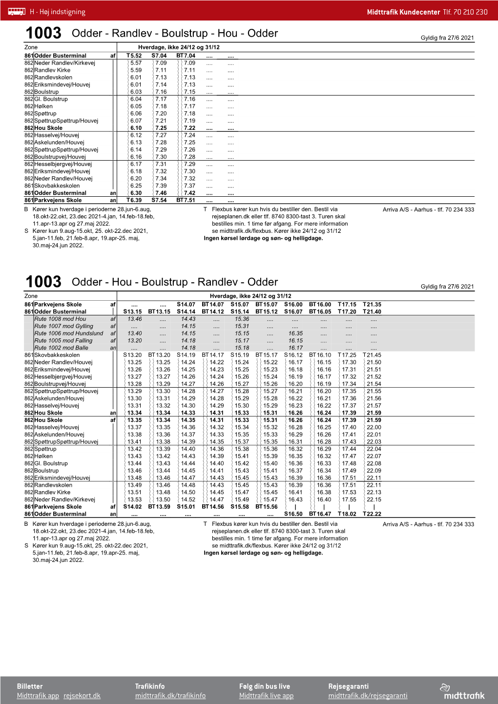 1003 Odder - Randlev - Boulstrup - Hou - Odder Gyldig Fra 27/6 2021 Zone Hverdage, Ikke 24/12 Og 31/12 861Odder Busterminal Af T5.52 S7.04 BT7.04