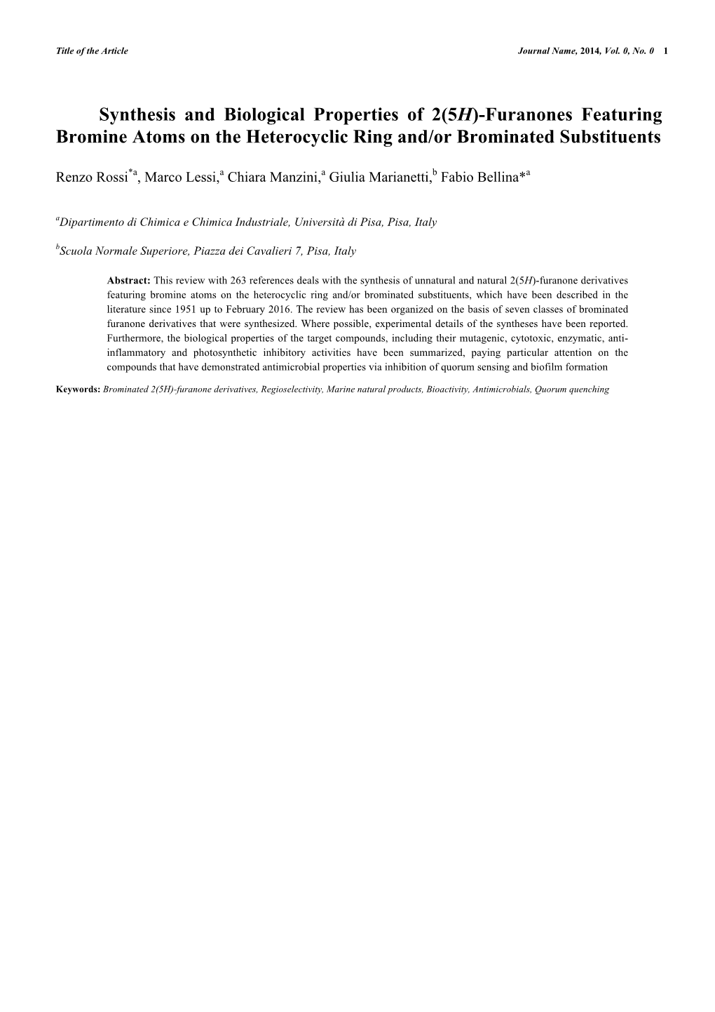 Synthesis and Biological Properties of 2(5H)-Furanones Featuring Bromine Atoms on the Heterocyclic Ring And/Or Brominated Substituents