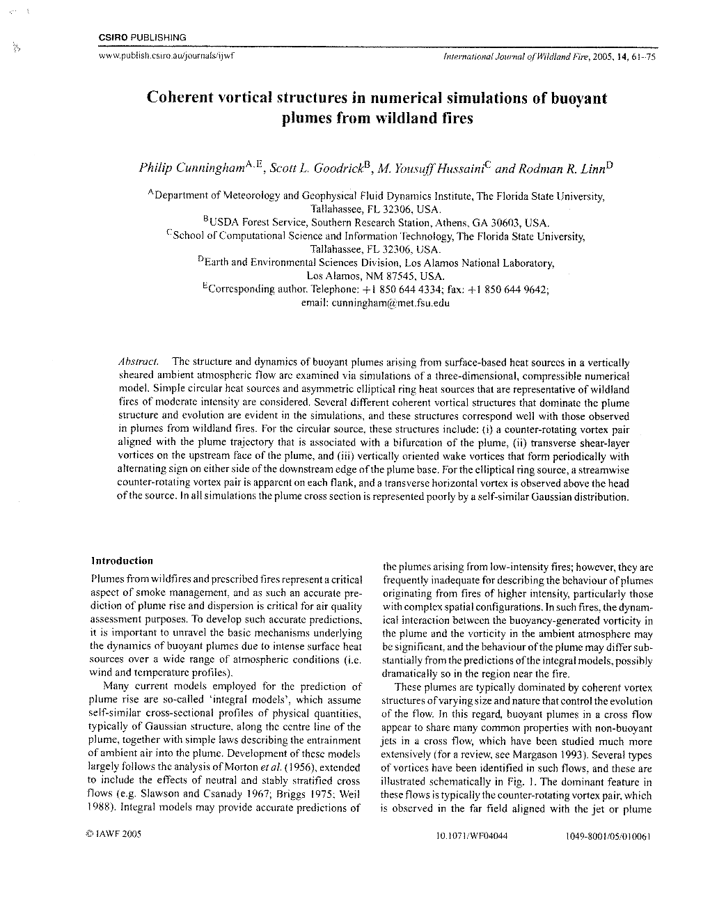 Coherent Vortical Structures in Numerical Simulations of Buoyant Plumes from Wildland Fires