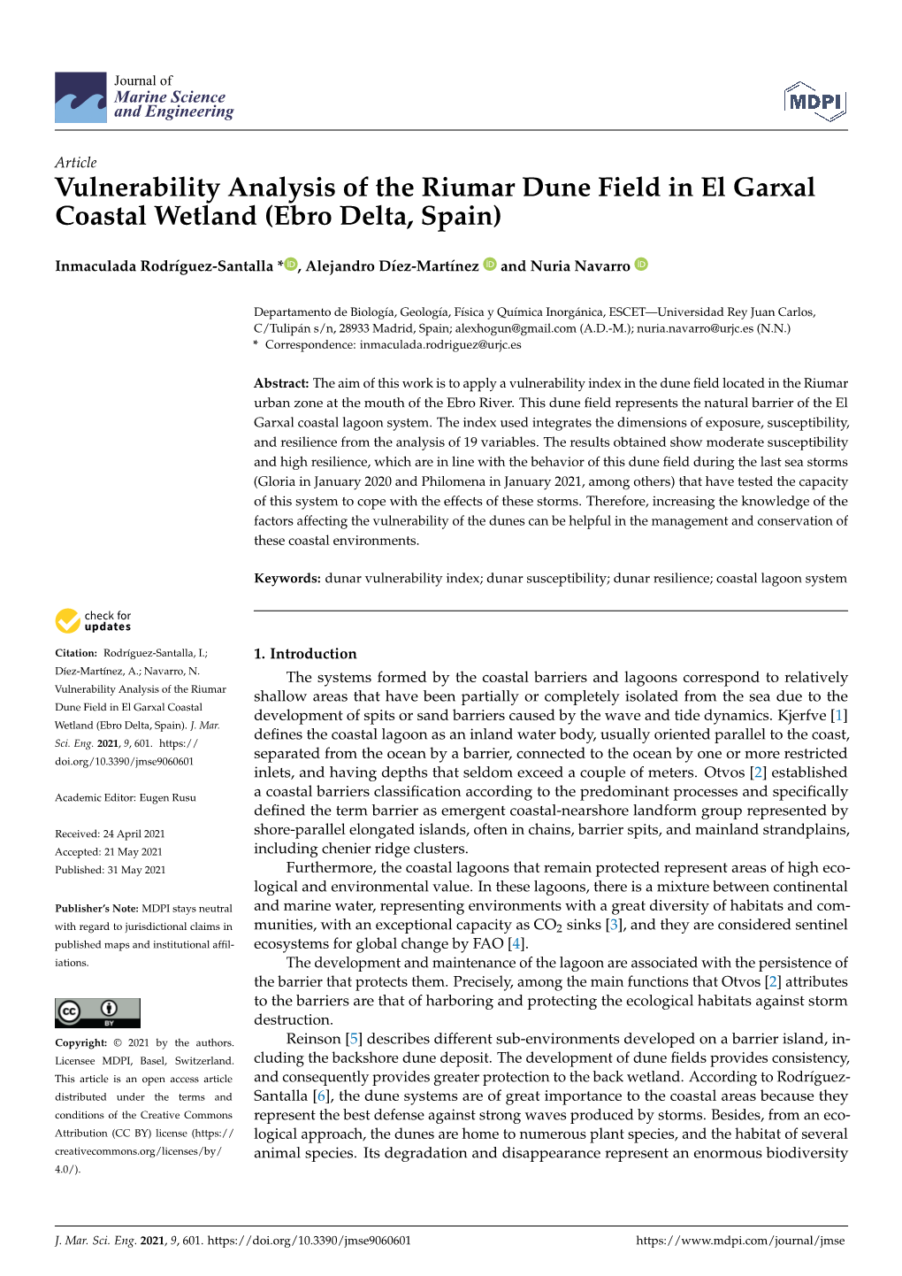 Vulnerability Analysis of the Riumar Dune Field in El Garxal Coastal Wetland (Ebro Delta, Spain)