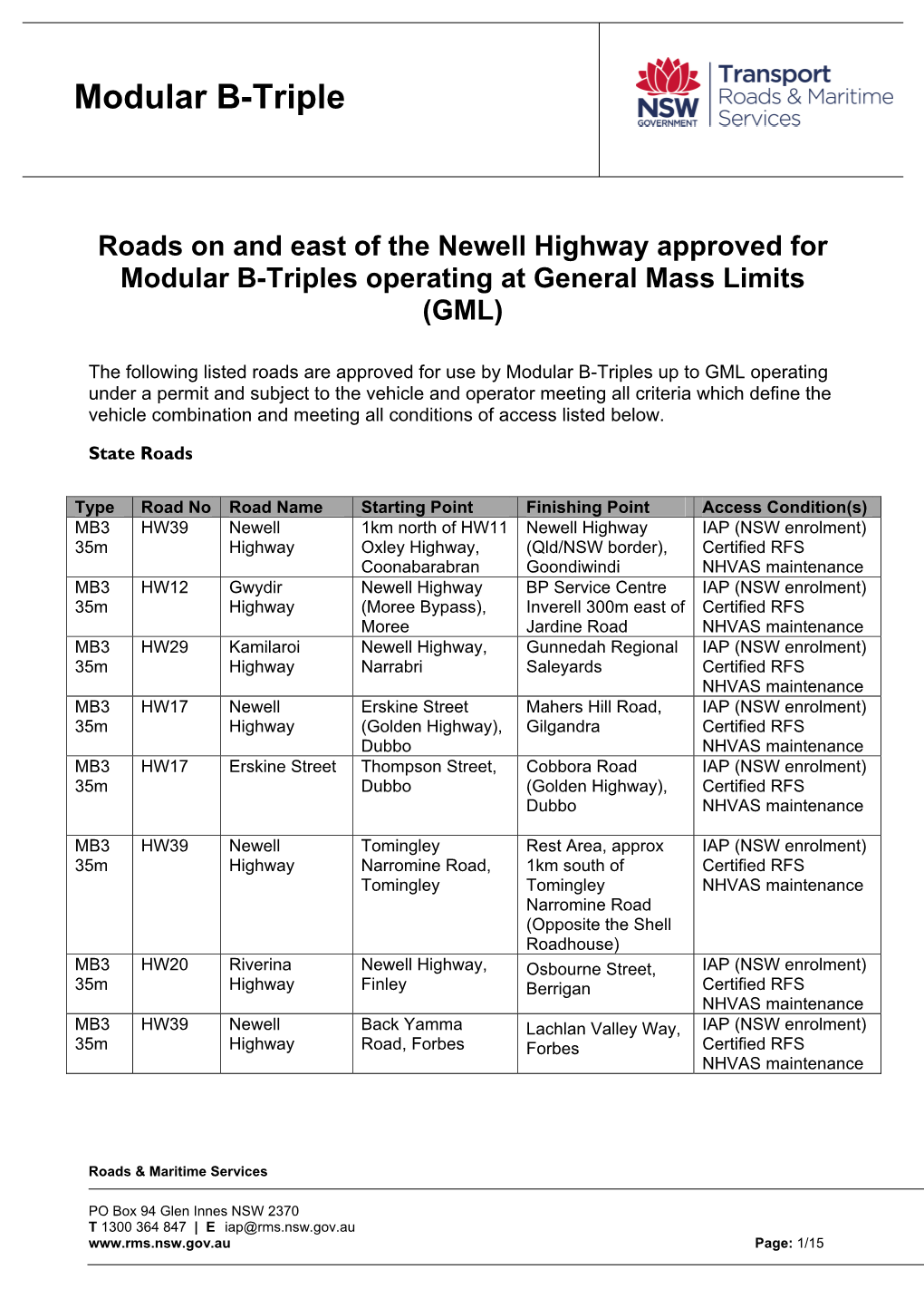 Roads on and East of the Newell Highway Approved for Modular B-Triples Operating at General Mass Limits (GML)