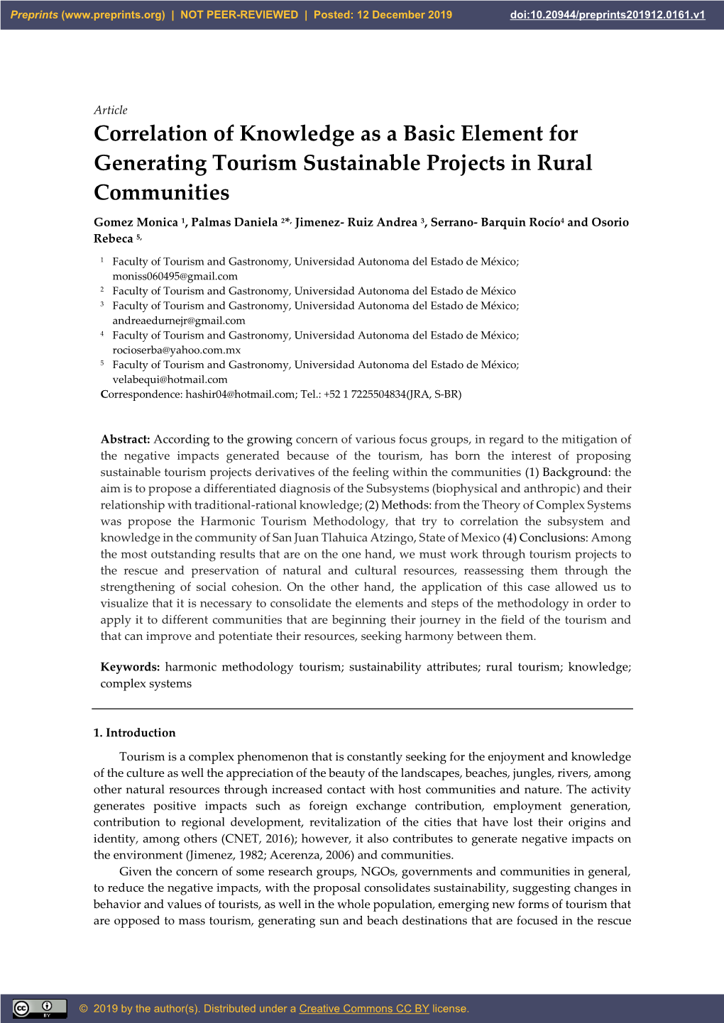 Correlation of Knowledge As a Basic Element for Generating Tourism Sustainable Projects in Rural Communities