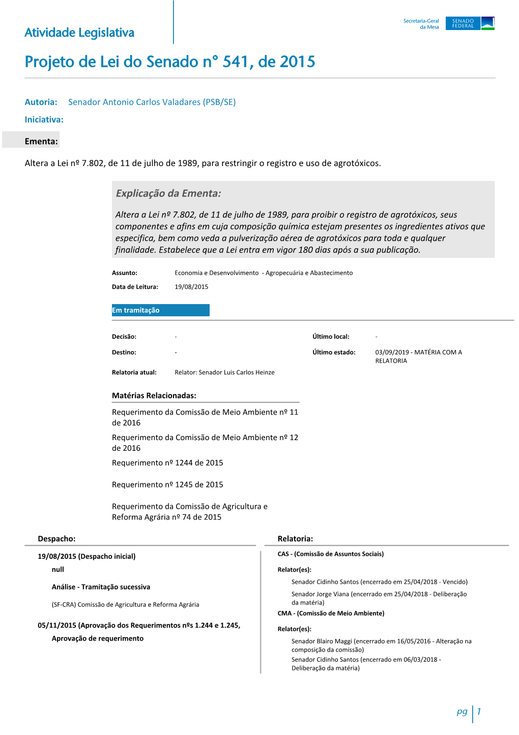 Projeto De Lei Do Senado N° 541, De 2015