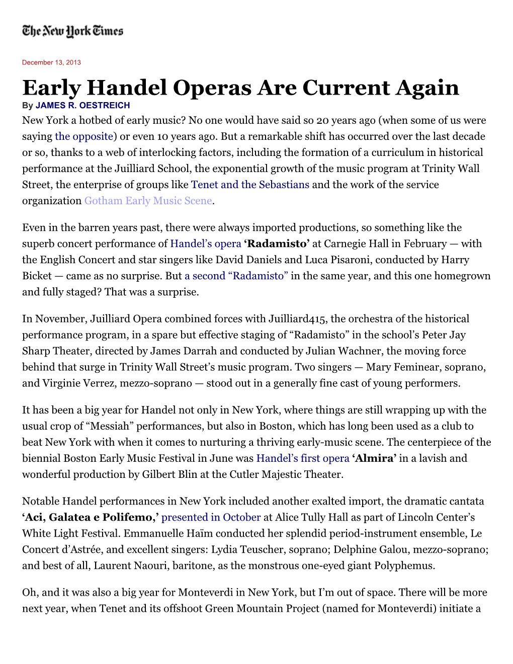 Early Handel Operas Are Current Again by JAMES R