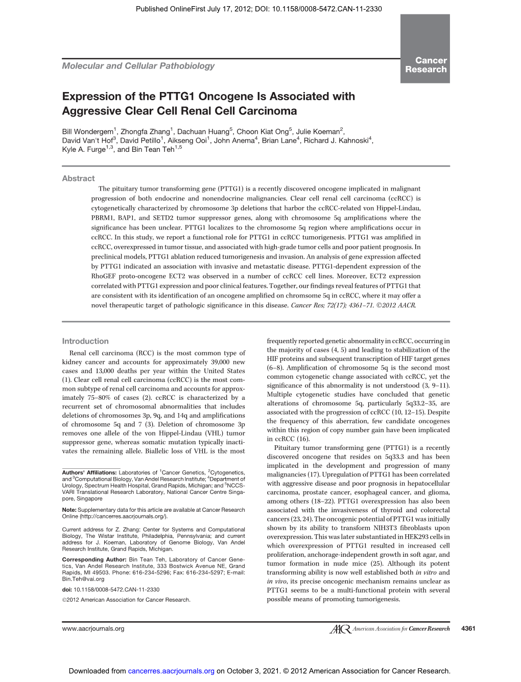 Expression of the PTTG1 Oncogene Is Associated with Aggressive Clear Cell Renal Cell Carcinoma