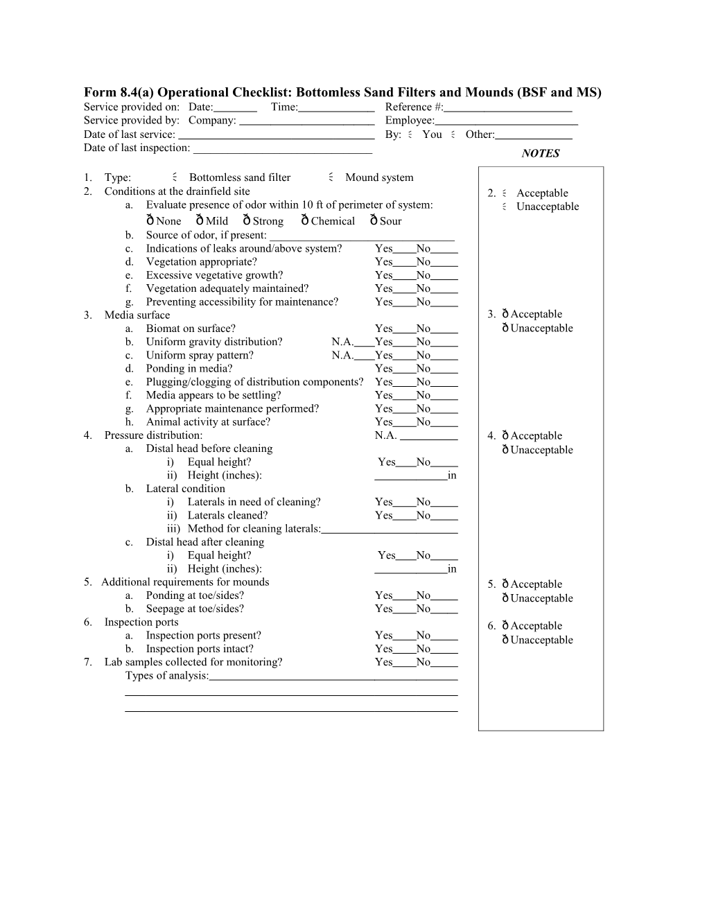 Form 8.4(A) Operational Checklist: Bottomless Sand Filters and Mounds (BSF and MS)