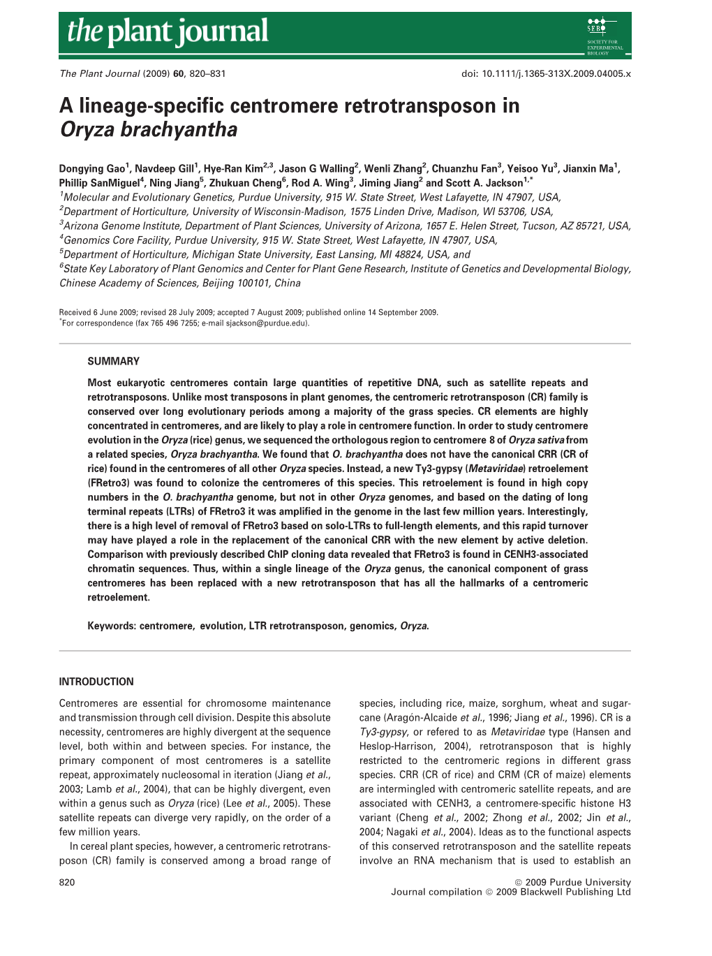 A Lineage-Specific Centromere Retrotransposon in Oryza Brachyantha