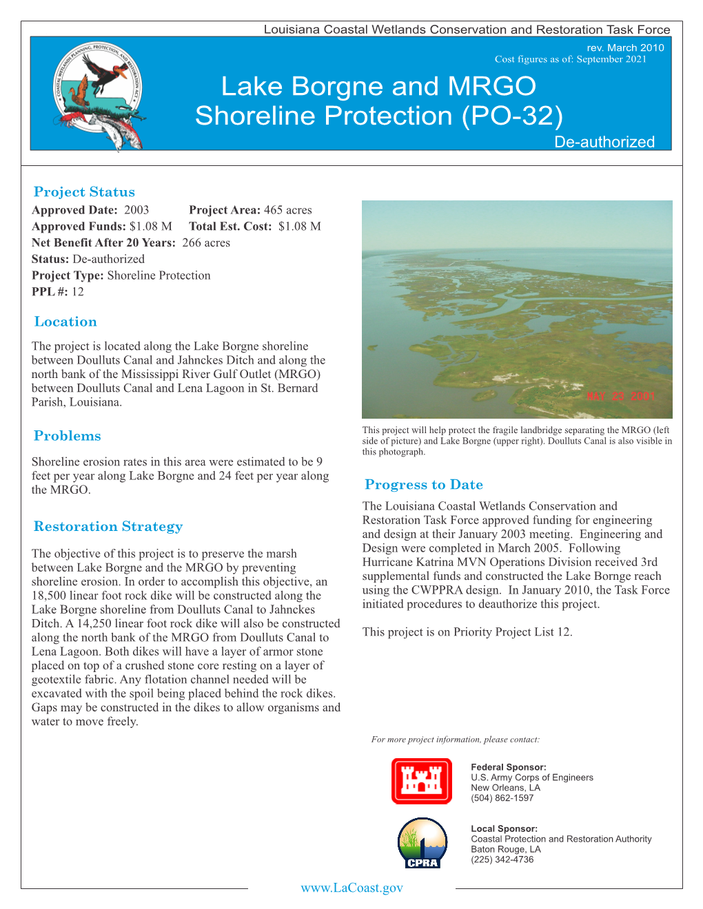 Lake Borgne and MRGO Shoreline Protection (PO-32) De-Authorized