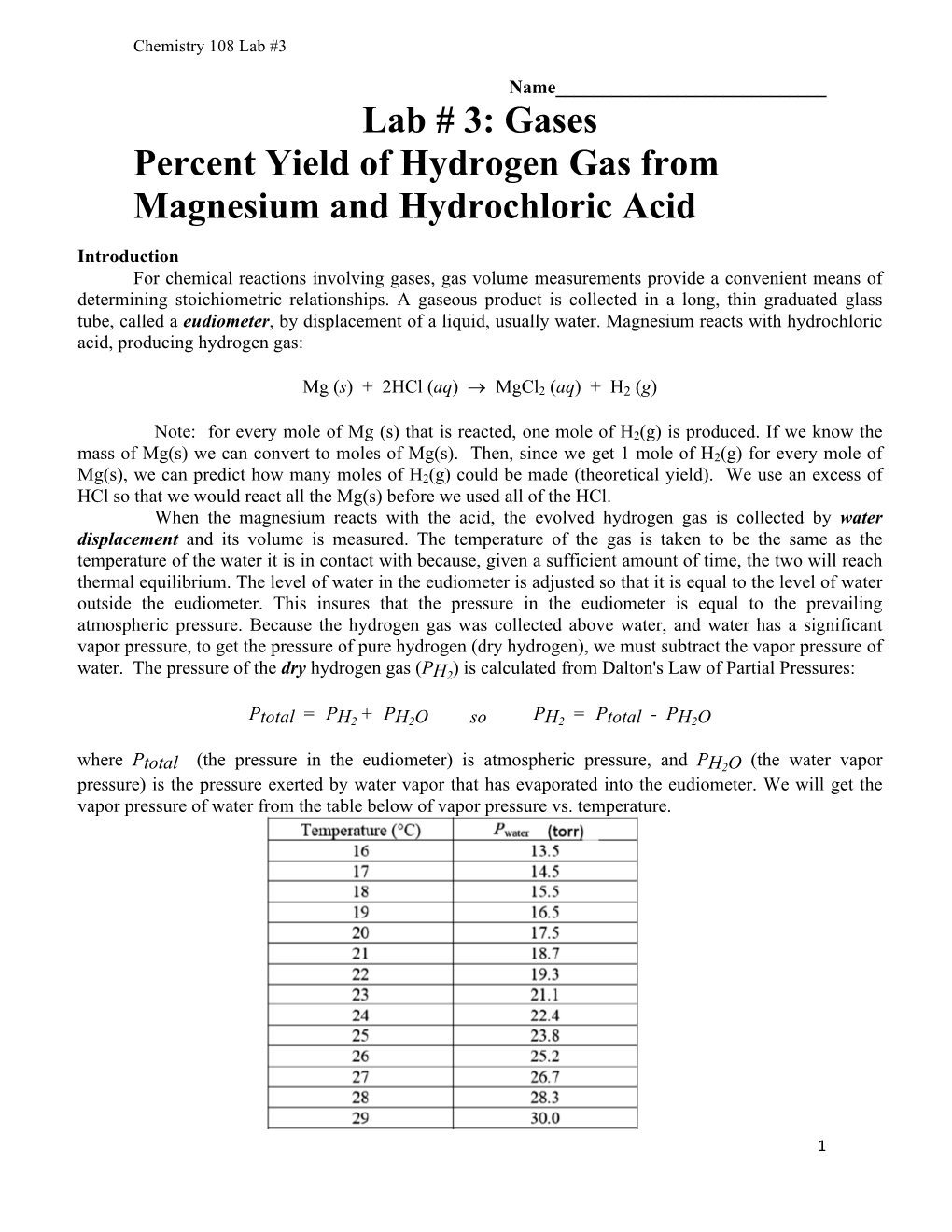 Lab # 3: Gases Percent Yield of Hydrogen Gas from Magnesium and Hydrochloric Acid