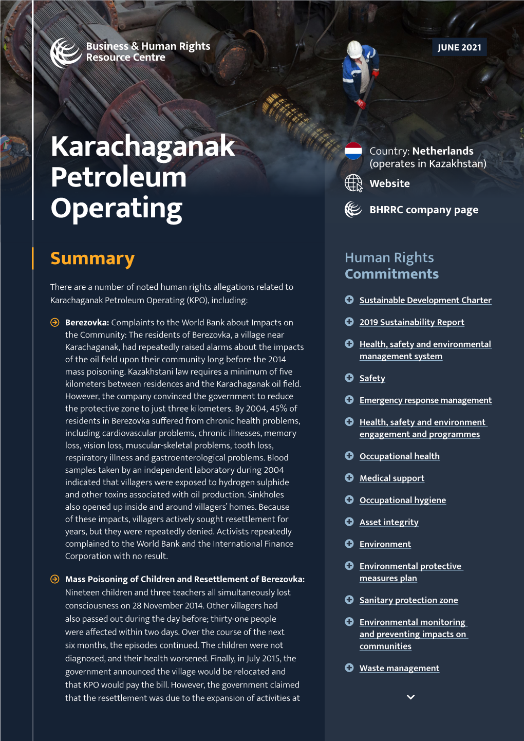 Karachaganak Petroleum Operating (KPO), Including:  Sustainable Development Charter