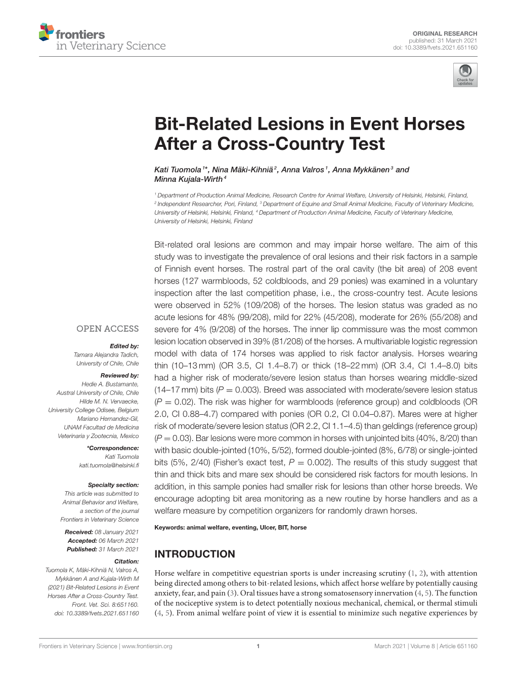 Bit-Related Lesions in Event Horses After a Cross-Country Test