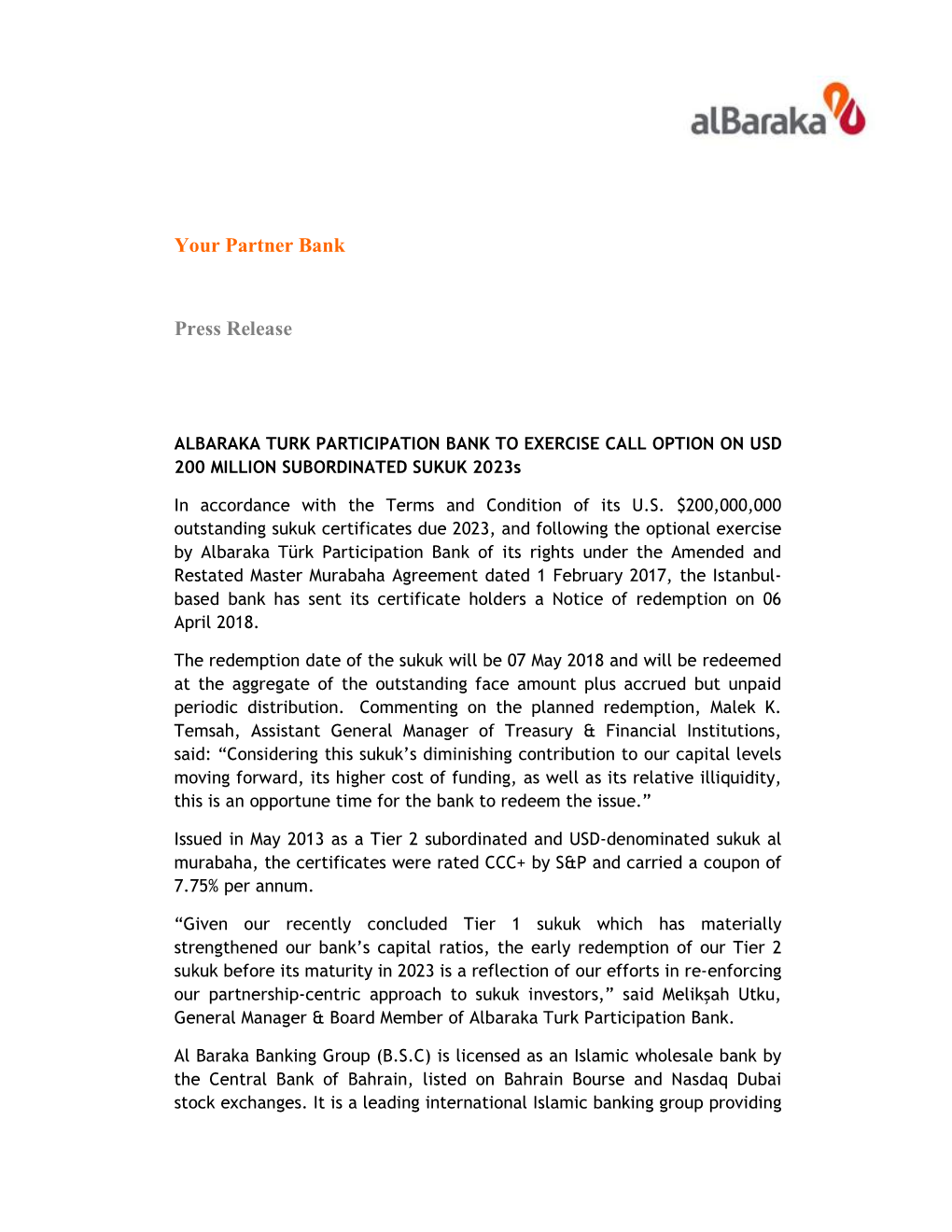 ALBARAKA TURK PARTICIPATION BANK to EXERCISE CALL OPTION on USD 200 MILLION SUBORDINATED SUKUK 2023S