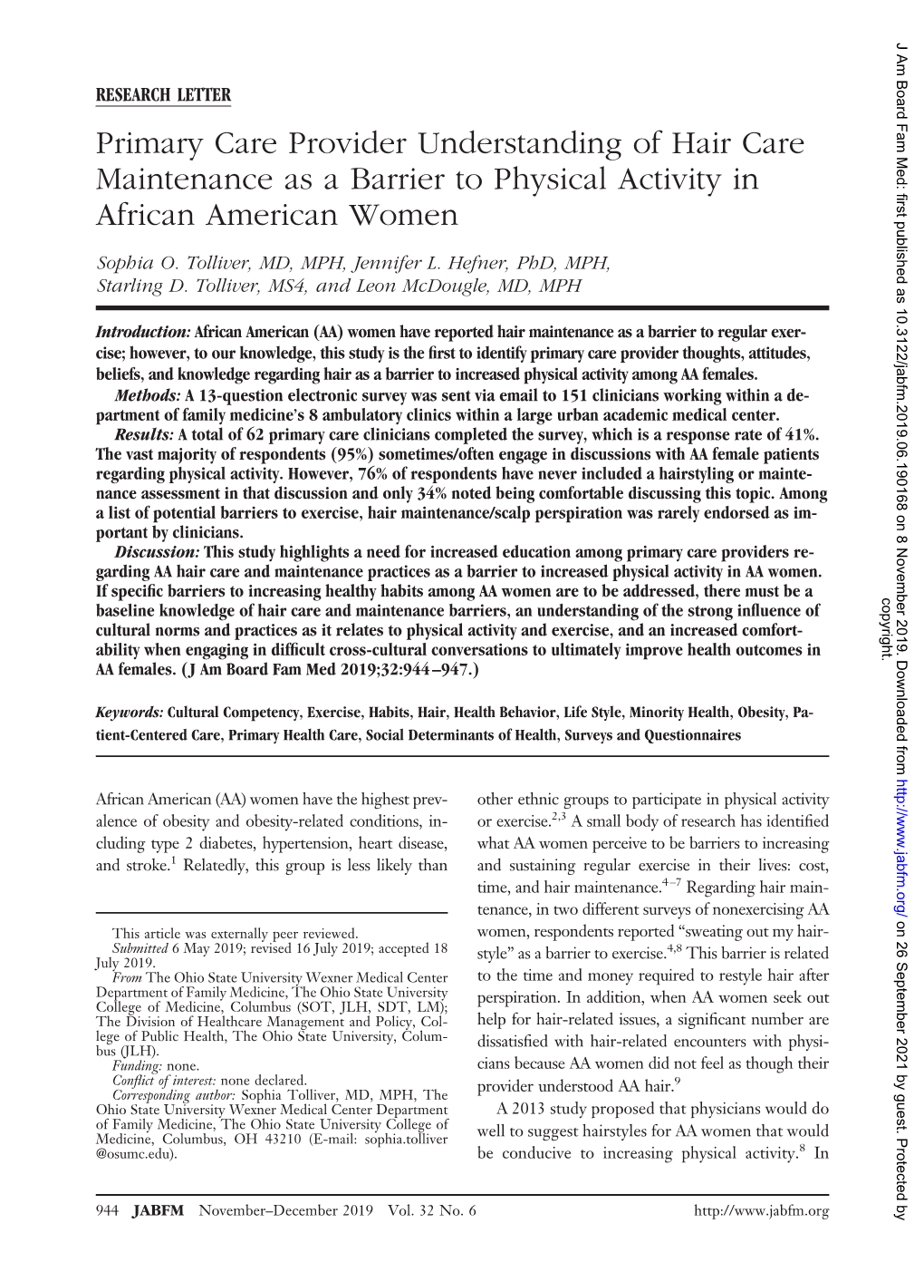 Primary Care Provider Understanding of Hair Care Maintenance As a Barrier to Physical Activity in African American Women