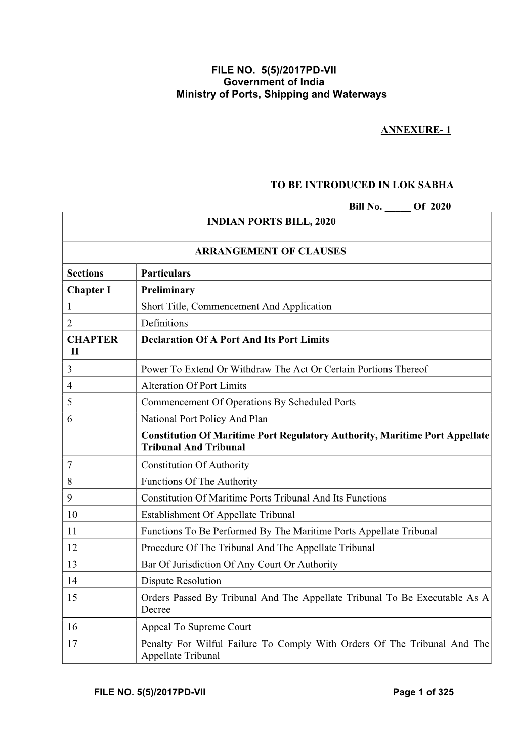 FILE NO. 5(5)/2017PD-VII Government of India Ministry of Ports, Shipping and Waterways