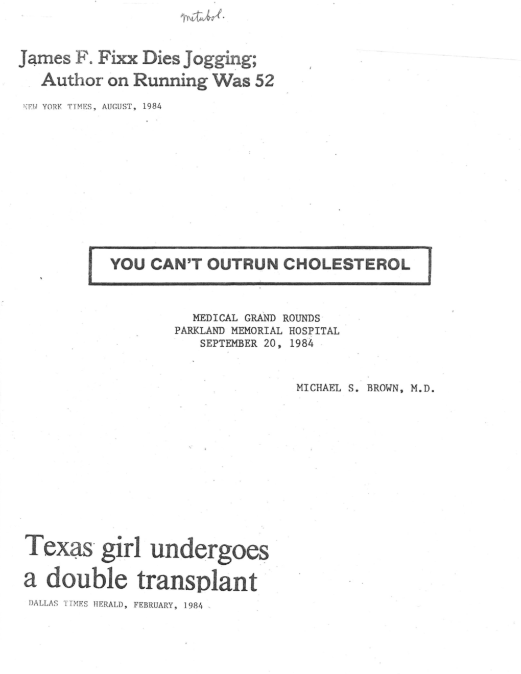 Texas Girl Undergoes a Double Transplant .· DA LLJ\ S TIMES HERALD, FEBRUARY, 1984