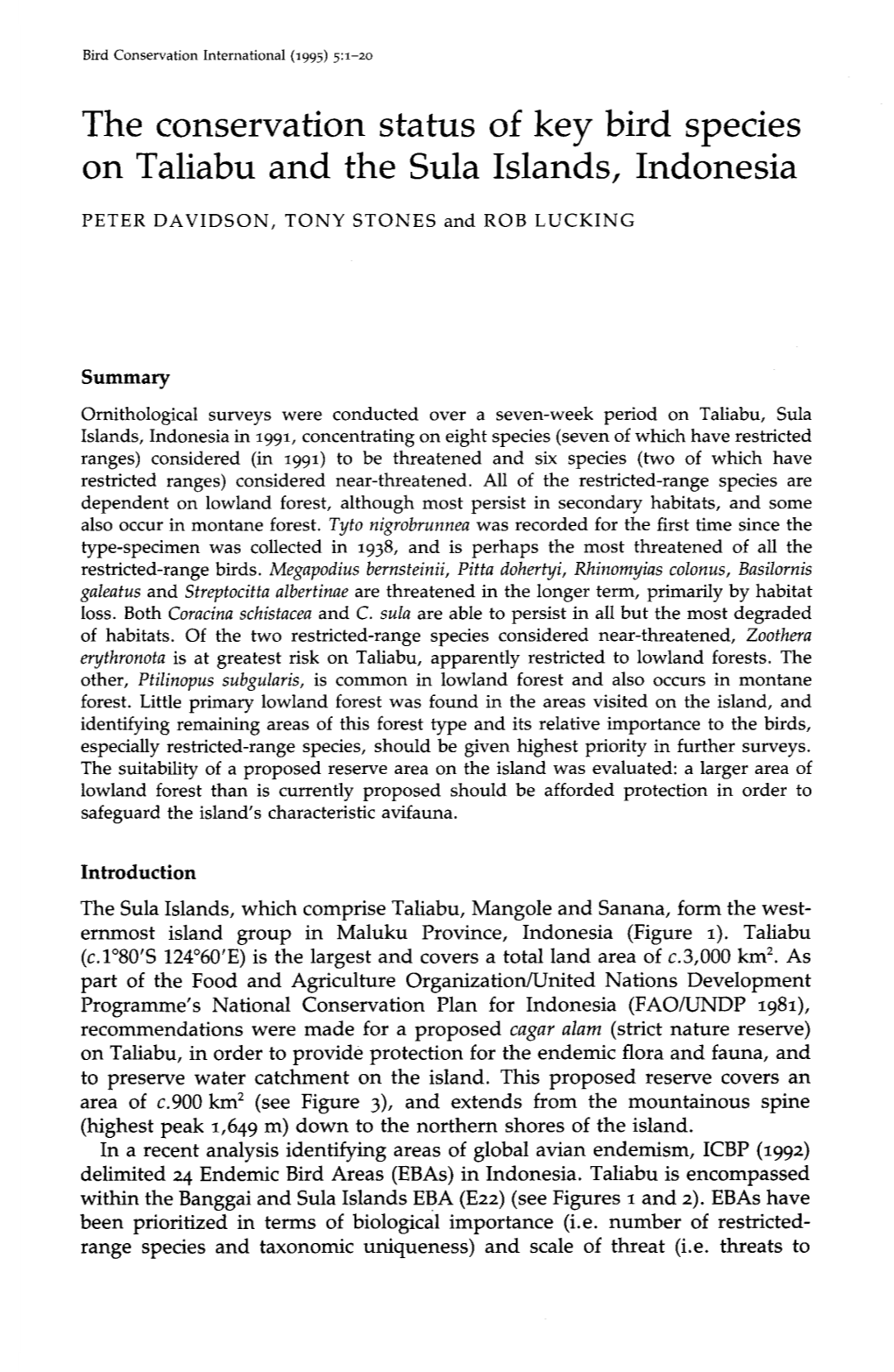 The Conservation Status of Key Bird Species on Taliabu and the Sula Islands, Indonesia PETER DAVIDSON, TONY STONES and ROB LUCKING