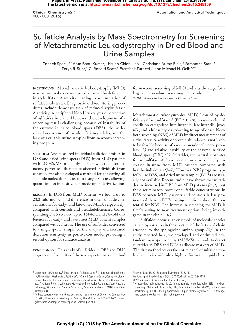 Sulfatide Analysis by Mass Spectrometry for Screening Of