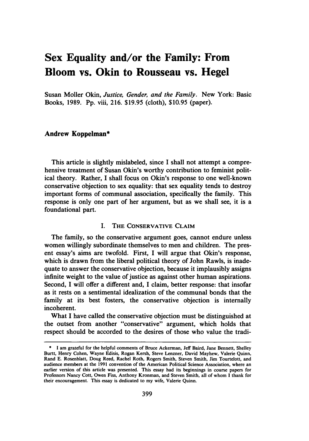Sex Equality And/Or the Family: from Bloom Vs. Okin to Rousseau Vs. Hegel