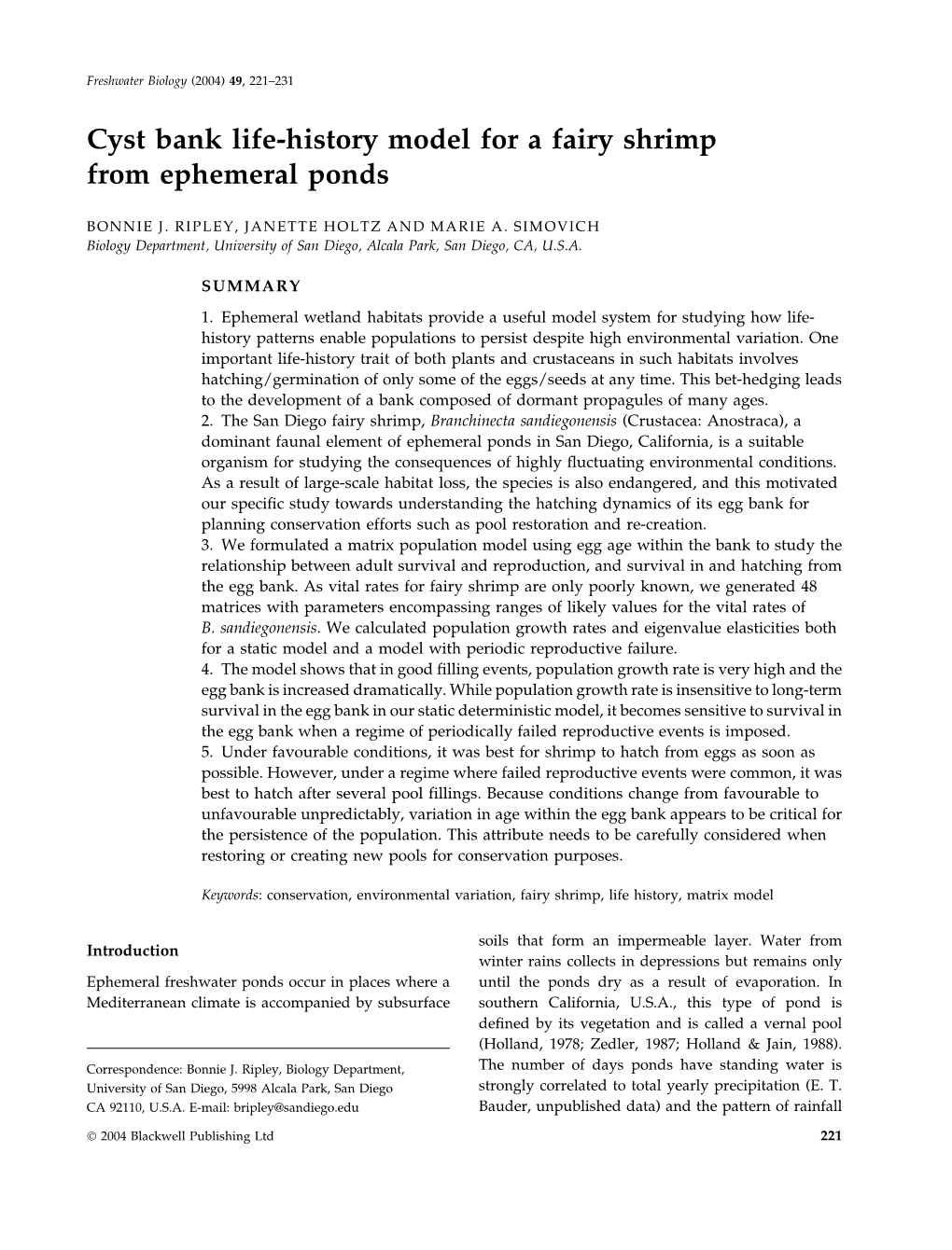 Cyst Bank Life-History Model for a Fairy Shrimp from Ephemeral Ponds