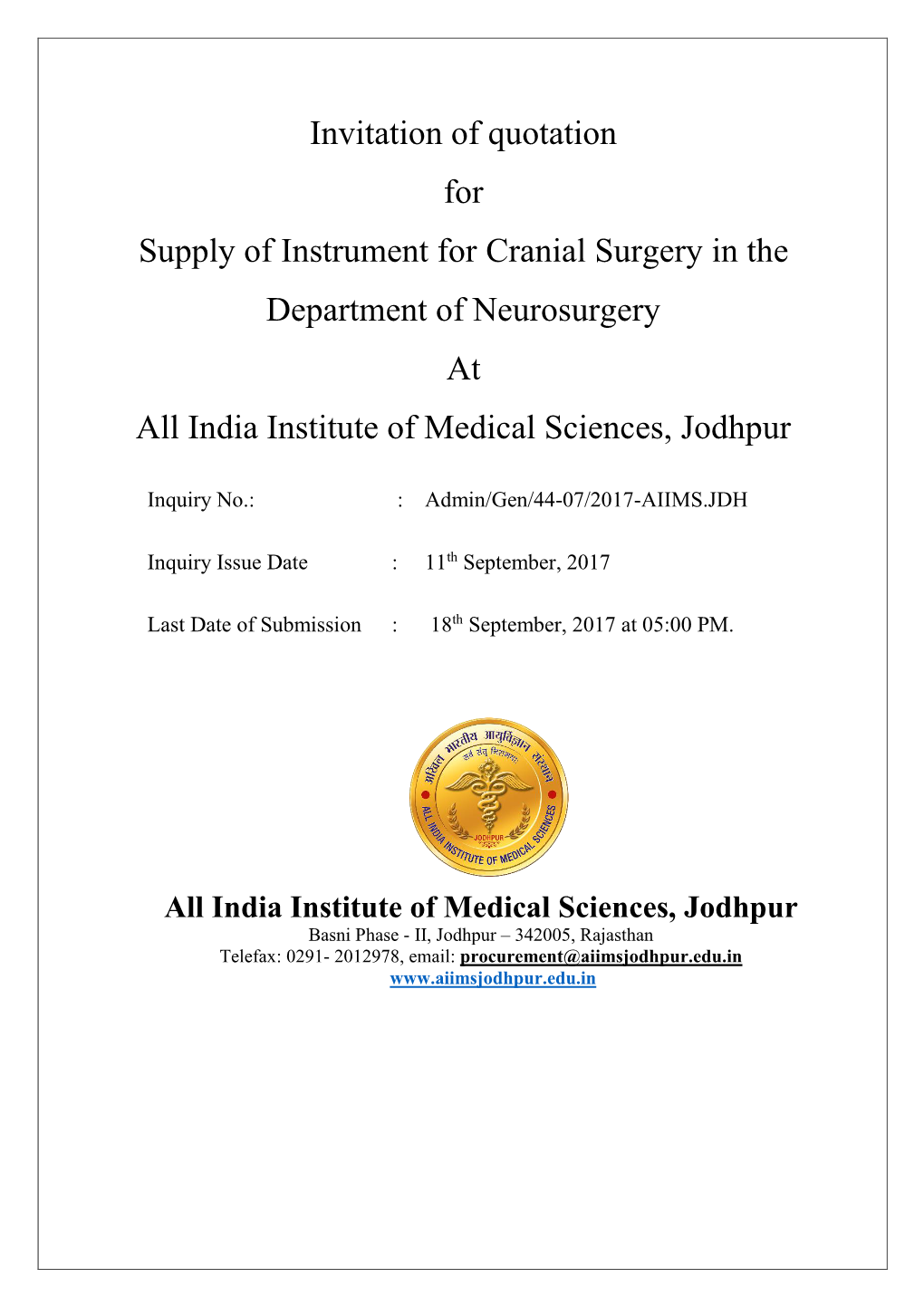 Invitation of Quotation for Supply of Instrument for Cranial Surgery in the Department of Neurosurgery at All India Institute of Medical Sciences, Jodhpur