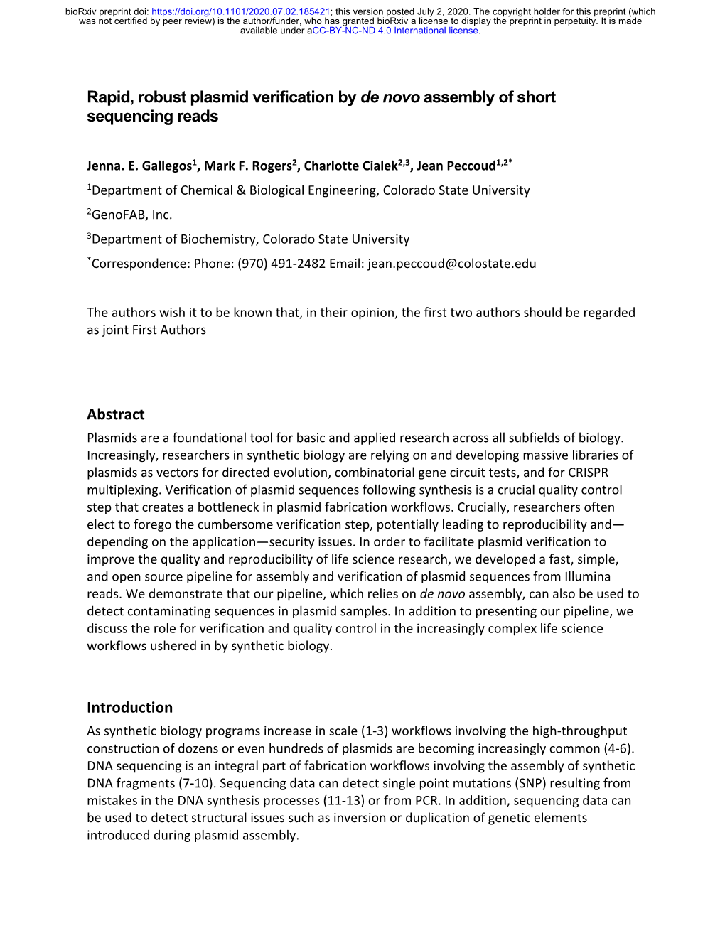 Rapid, Robust Plasmid Verification by De Novo Assembly of Short Sequencing Reads