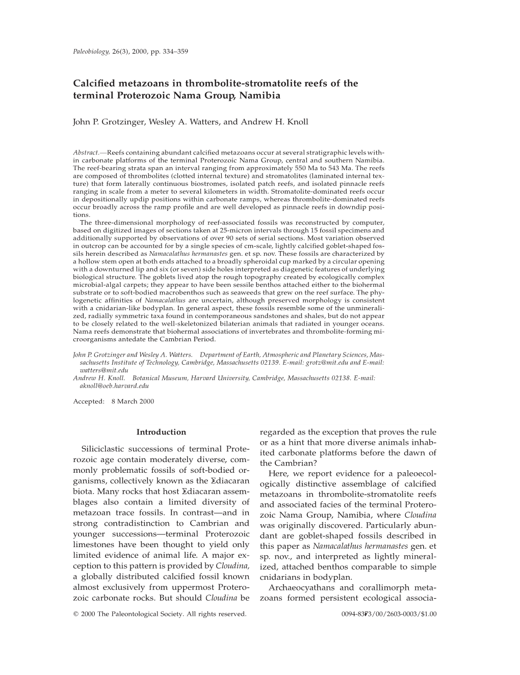 Calcified Metazoans in Thrombolite-Stromatolite Reefs of The