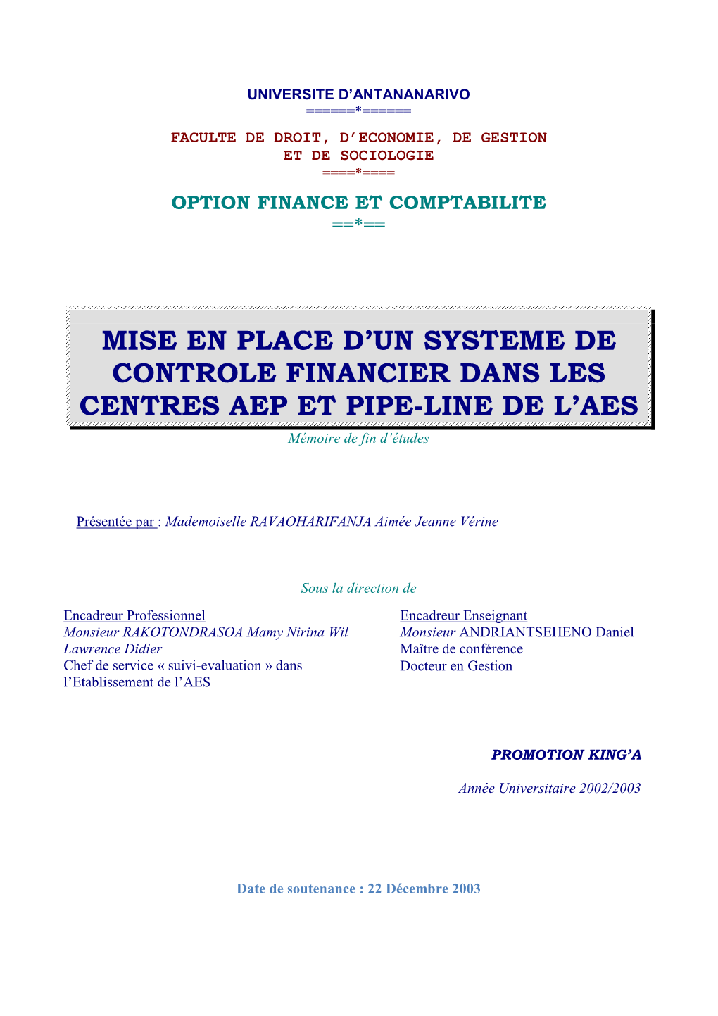 Mise En Place D'un Systeme De Controle Financier Dans