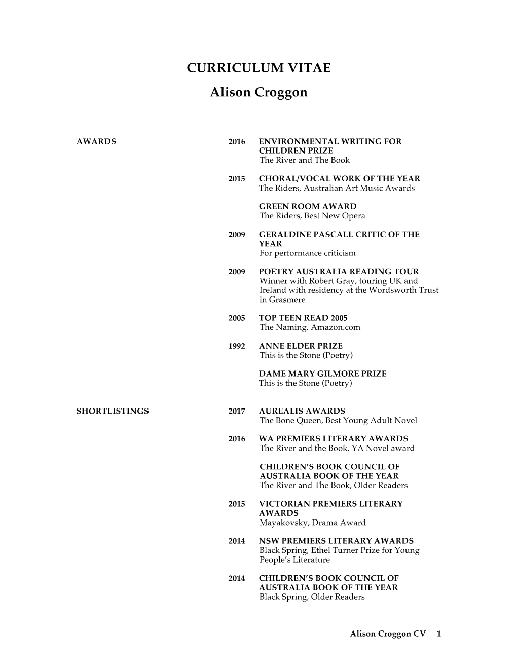 CURRICULUM VITAE Alison Croggon