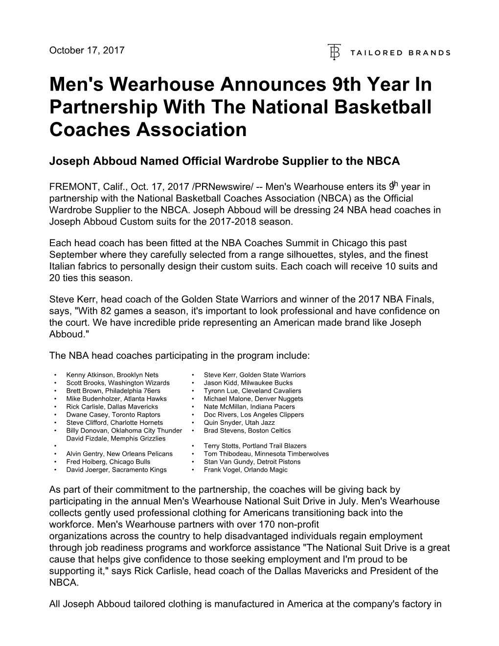 Men's Wearhouse Announces 9Th Year in Partnership with the National Basketball Coaches Association