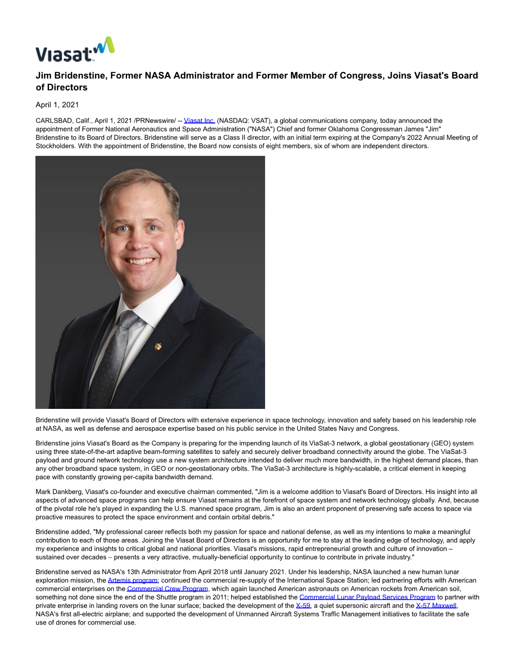 Jim Bridenstine, Former NASA Administrator and Former Member of Congress, Joins Viasat's Board of Directors