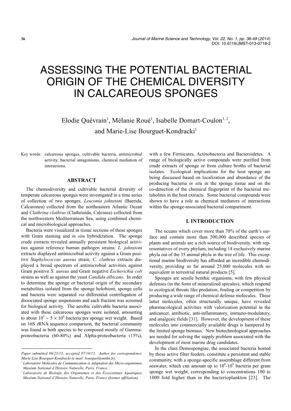 Assessing the Potential Bacterial Origin of the Chemical Diversity in Calcareous Sponges