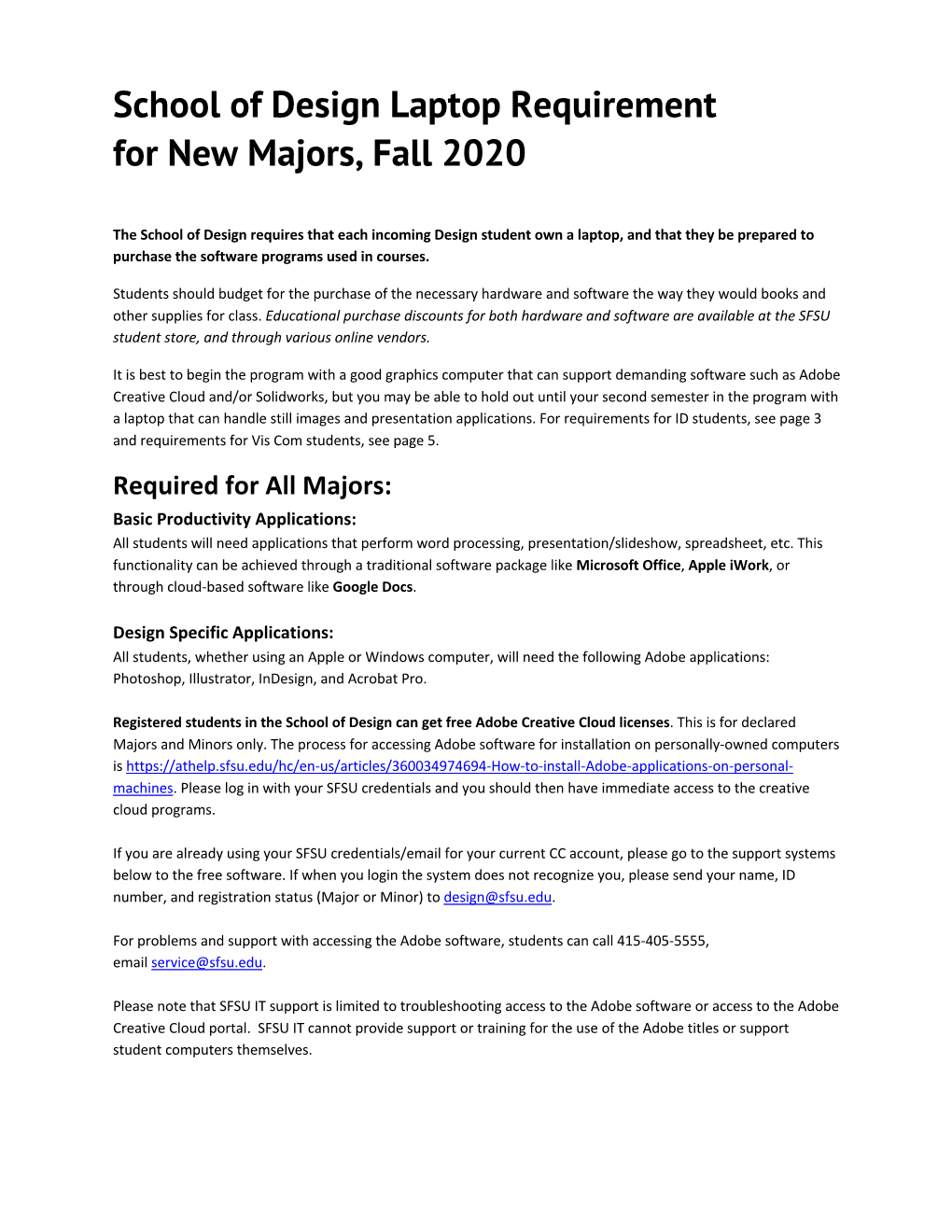 School of Design Laptop Requirement for New Majors, Fall 2020