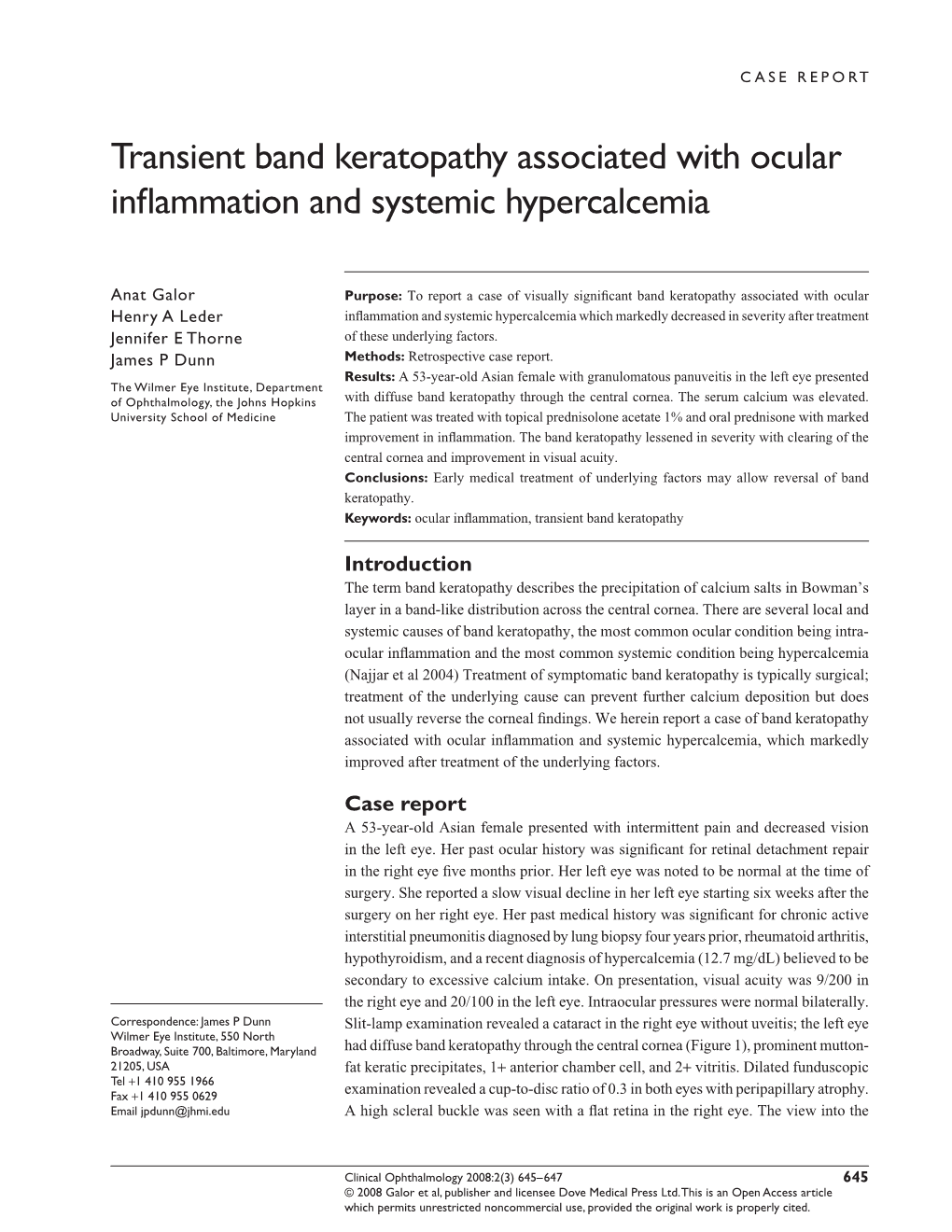 Transient Band Keratopathy Associated with Ocular Inflammation