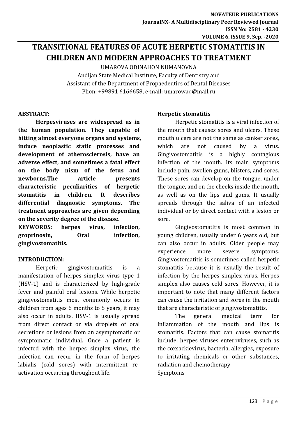 Transitional Features of Acute Herpetic Stomatitis in Children and Modern Approaches to Treatment