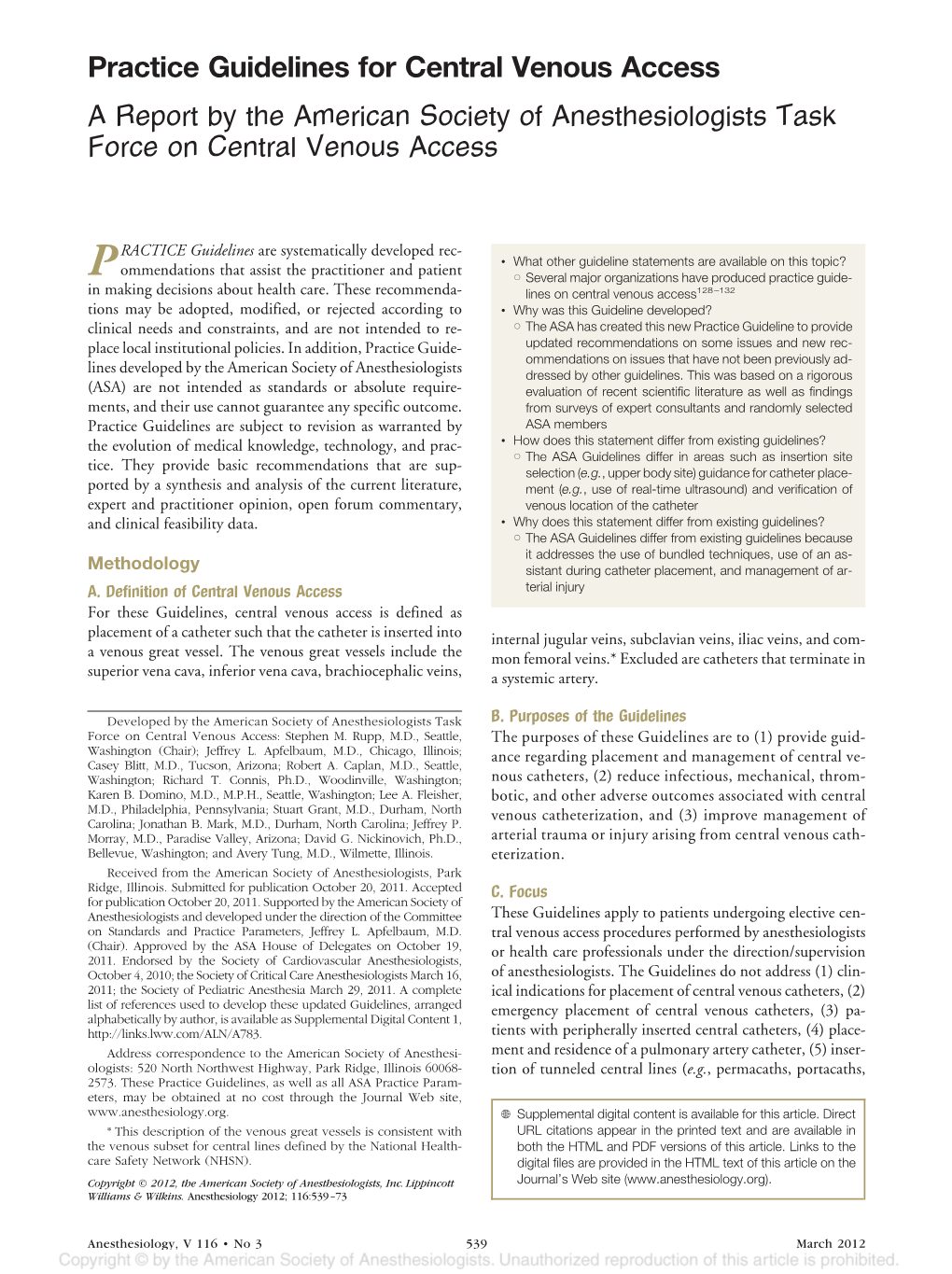 Practice Guidelines for Central Venous Access a Report by the American Society of Anesthesiologists Task Force on Central Venous Access