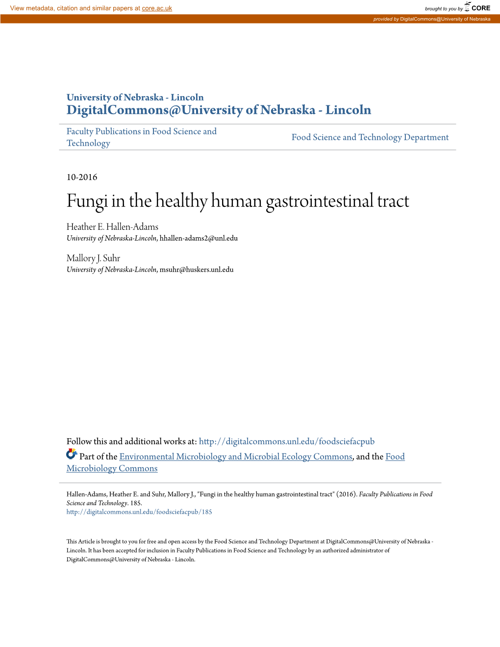 Fungi in the Healthy Human Gastrointestinal Tract Heather E