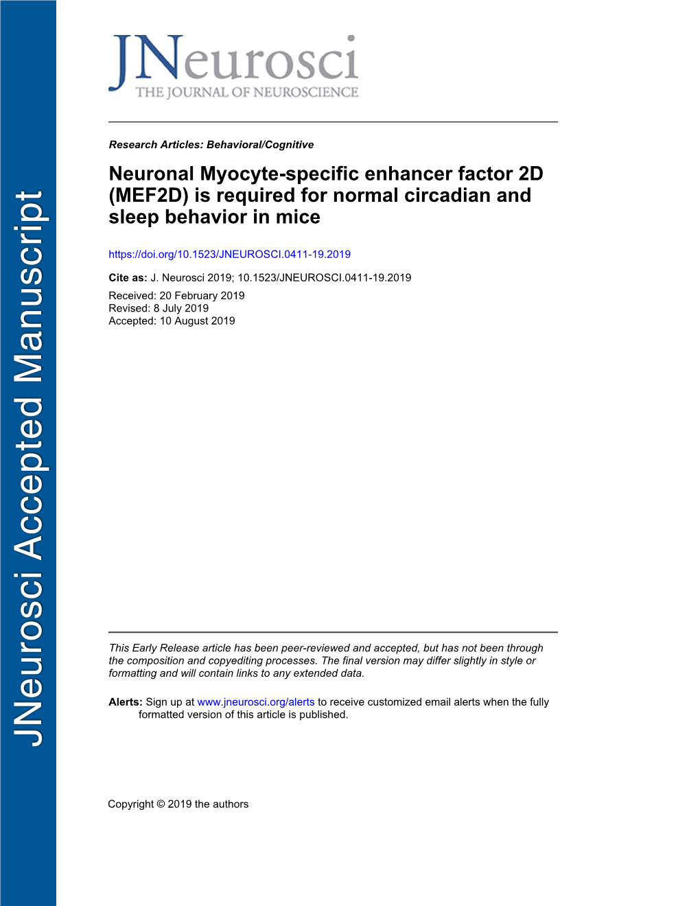 Neuronal Myocyte-Specific Enhancer Factor 2D (MEF2D) Is Required for Normal Circadian and Sleep Behavior in Mice