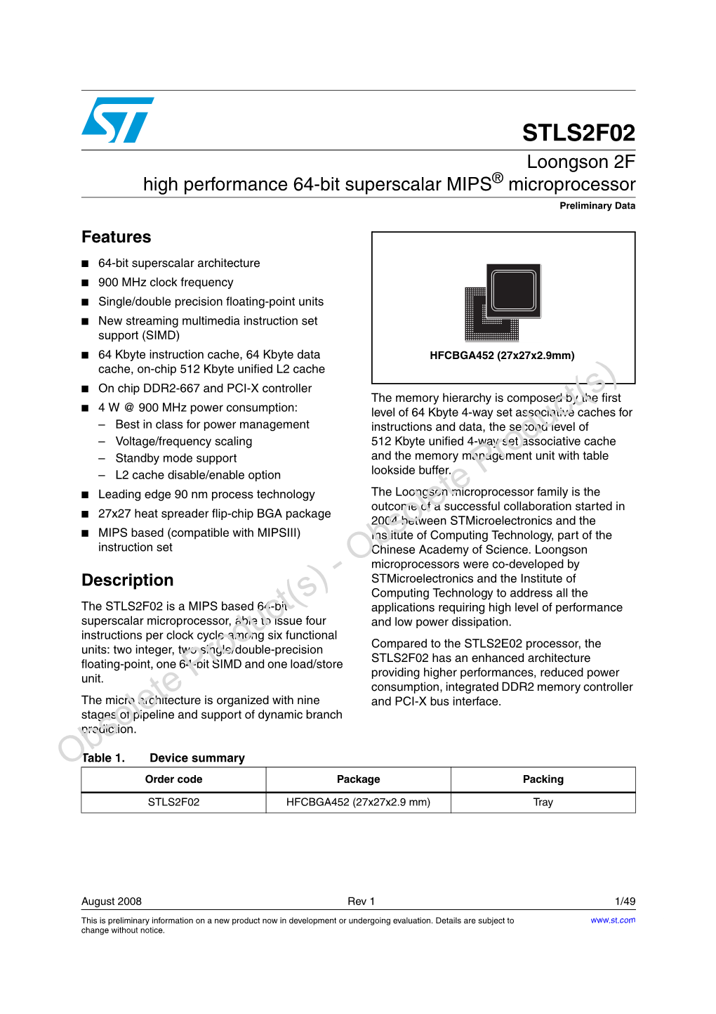 Loongson 2F High Performance 64-Bit Superscalar MIPS® Microprocessor