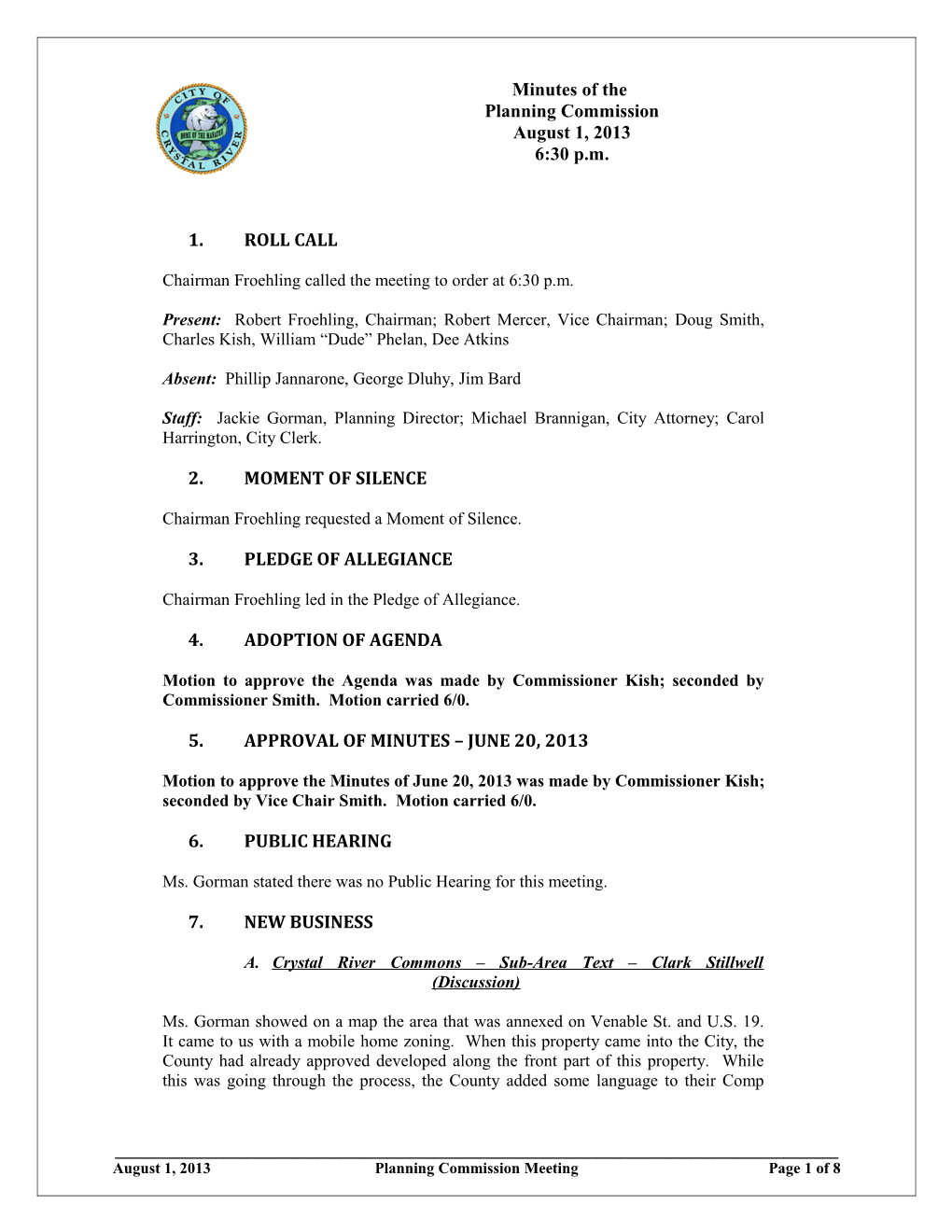 August 1, 2013 Planning Commission Meeting Page 1 of 7