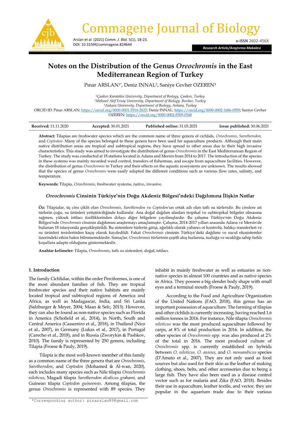 Commagene Journal of Biology Arslan Et Al