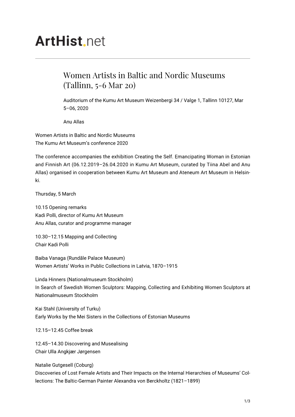 Women Artists in Baltic and Nordic Museums (Tallinn, 5-6 Mar 20)