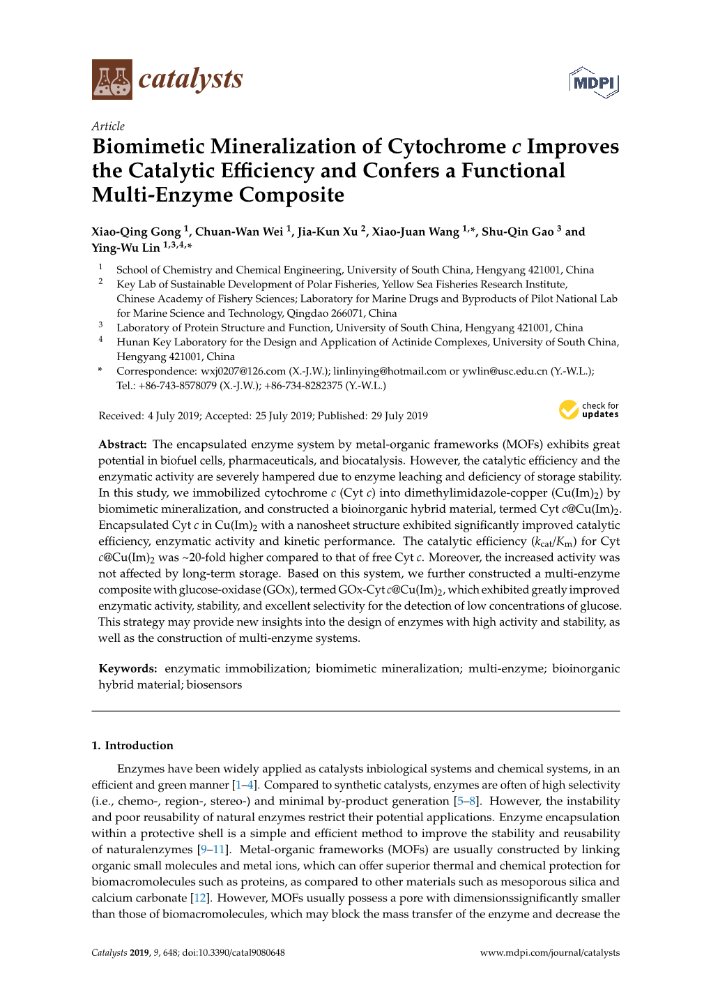 Biomimetic Mineralization of Cytochrome C Improves the Catalytic Efficiency and Confers a Functional Multi-Enzyme Composite