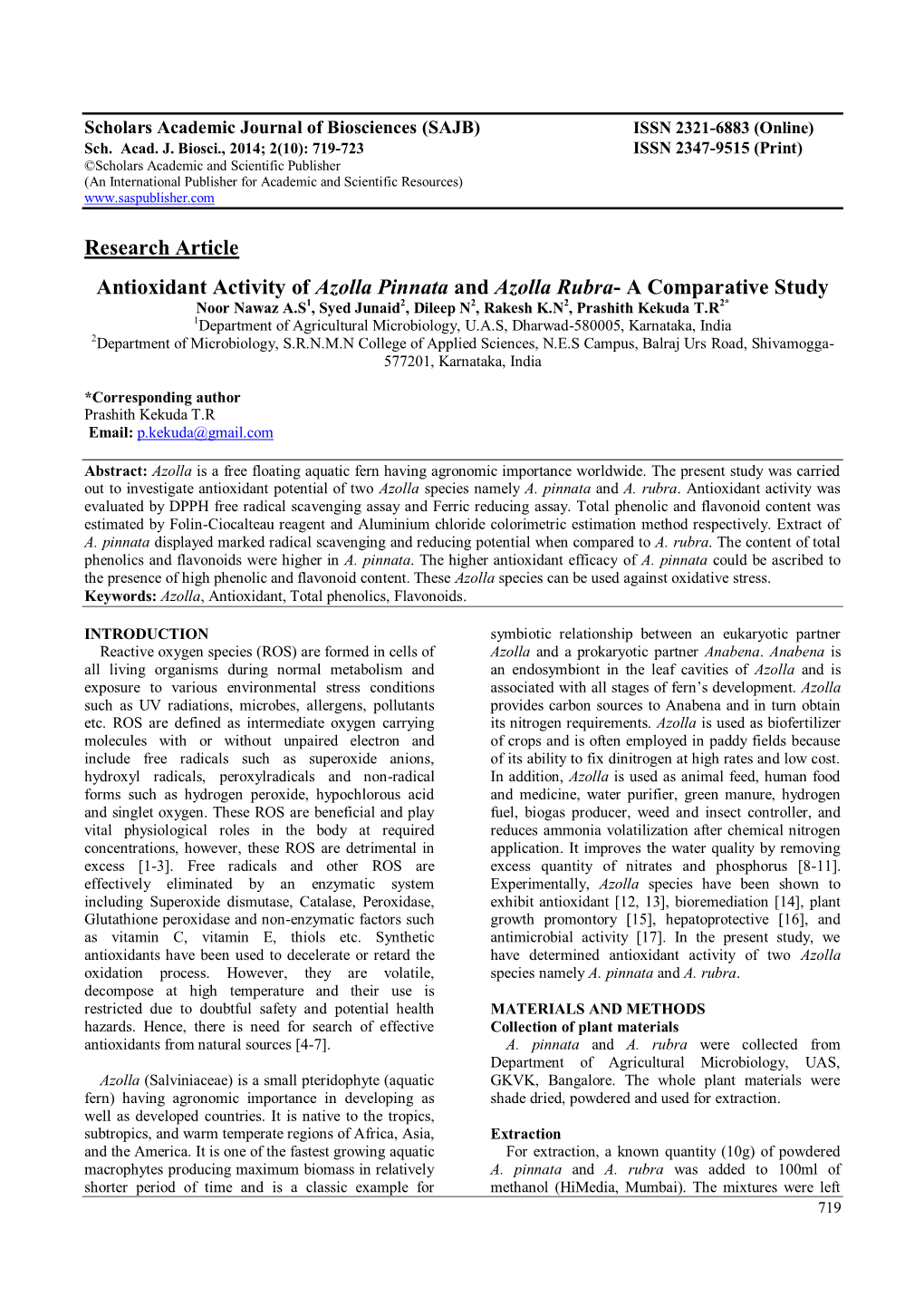 Research Article Antioxidant Activity of Azolla Pinnata